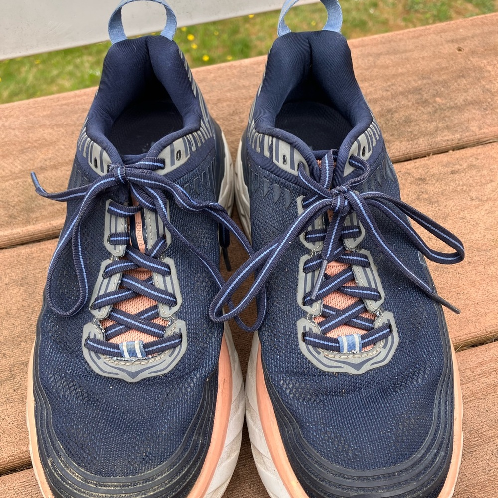 Hoka Bondi 6 Navy and Peach Athletic Shoes - Picture 3 of 7